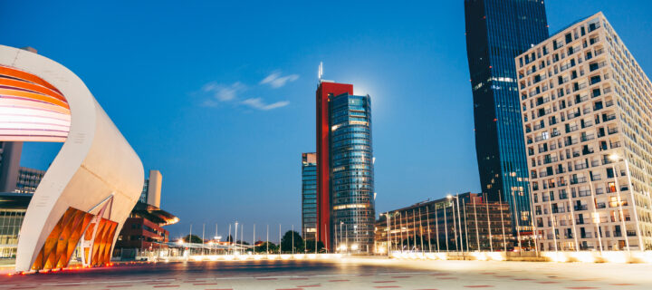 Skyscrapers and modern architecture in Vienna Austria at night